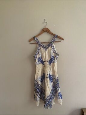 Leifnotes Anthropologie Cream & Blue Printed V-Neck Sundress